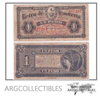 Argentina Billete 1 Peso 1914 Provincia de Mendoza (Letra de Tesoreria) P-S-2087 VF