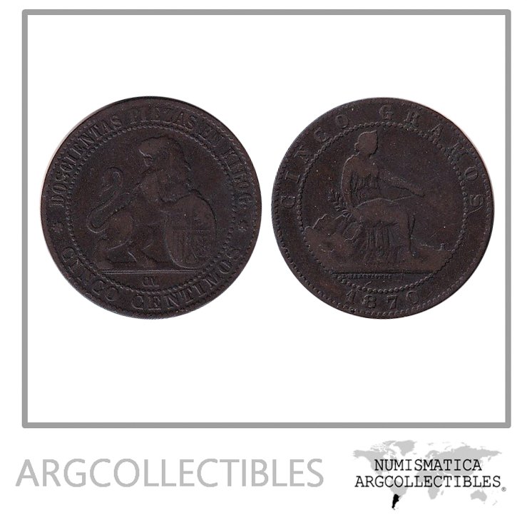 España Moneda 5 Centavos 1870 Cobre KM-662 VF
