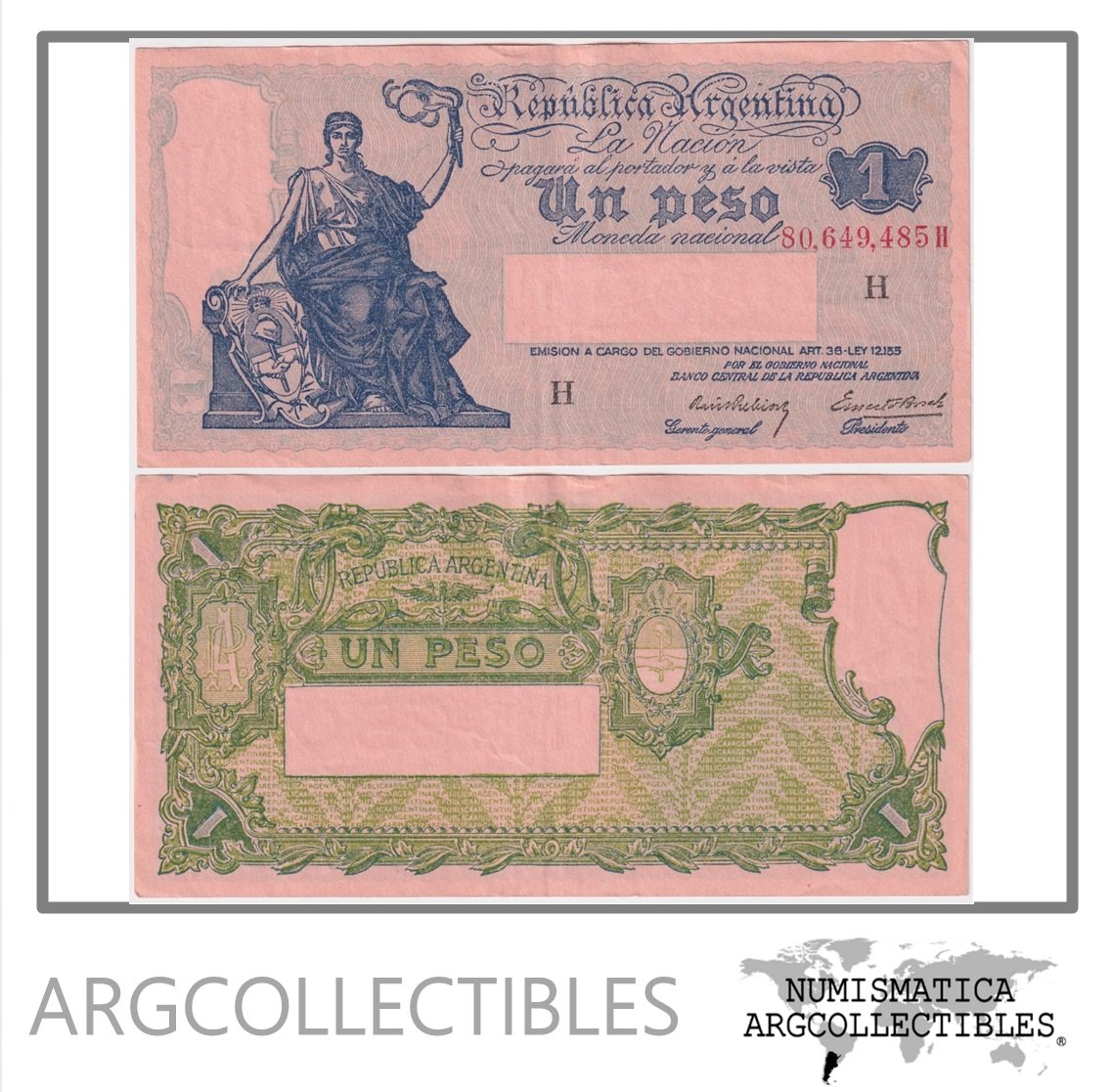 Argentina Billete 1 Peso 1940 P-251a/BOT-1819 XF Serie H