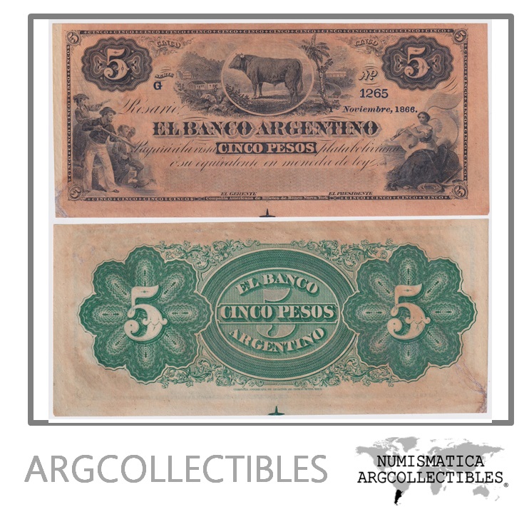 Argentina Billete 5 Pesos 1/11/1866 Banco Argentino P-S-1526/BAU-SFE-118 AU