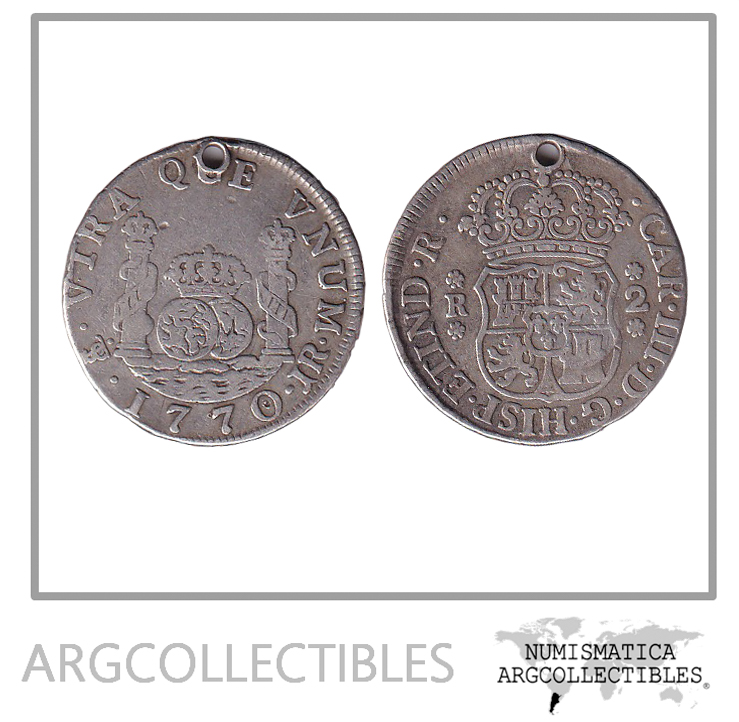 Bolivia (Potosi) Moneda 2 Reales 1770 JR Plata Columnaria KM-48 CJ-60.4.3 VF Perforada