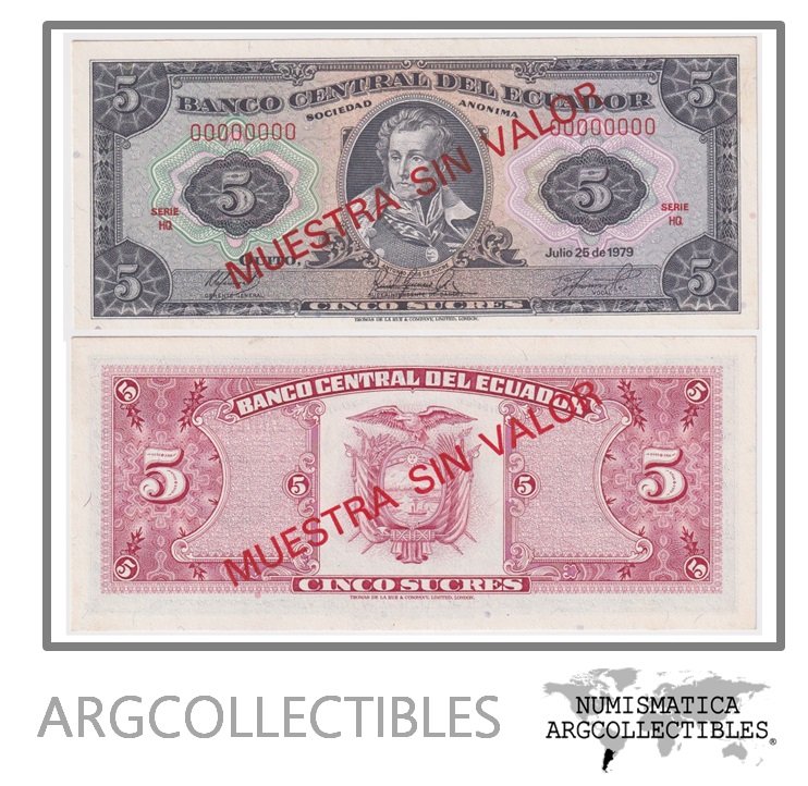 Ecuador Billete 5 Sucres 1979 P-113 UNC Serie HQ (Specimen)