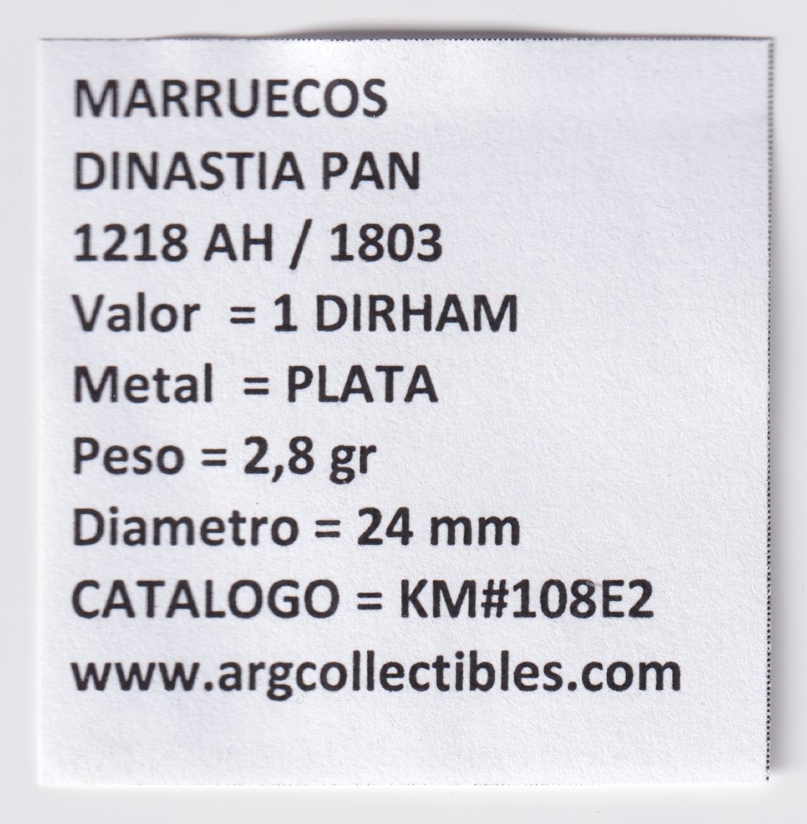 Marruecos Dinastia Pan Moneda 1 dirham 1218 AH 1803 Plata KM-108E2 MD2 - Imagen 2