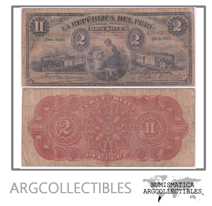 Peru Billete 2 Soles 1879 P-2 F+