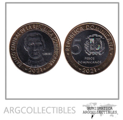Republica Dominicana Moneda 5 Pesos 2021 Bimetalica Sanchez UNC
