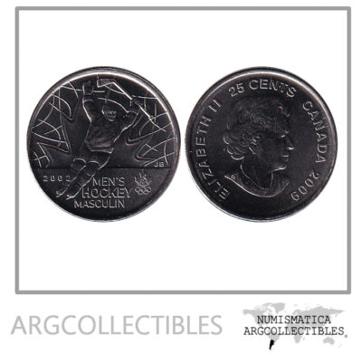 Canada Moneda 25 Centavos 2009 Niquel KM-1063 Medalla Oro Hockey Masculino UNC