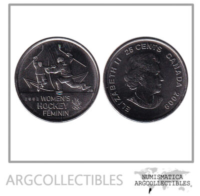 Canada Moneda 25 Centavos 2009 Niquel KM-1064 Medalla Oro Hockey Femenino UNC