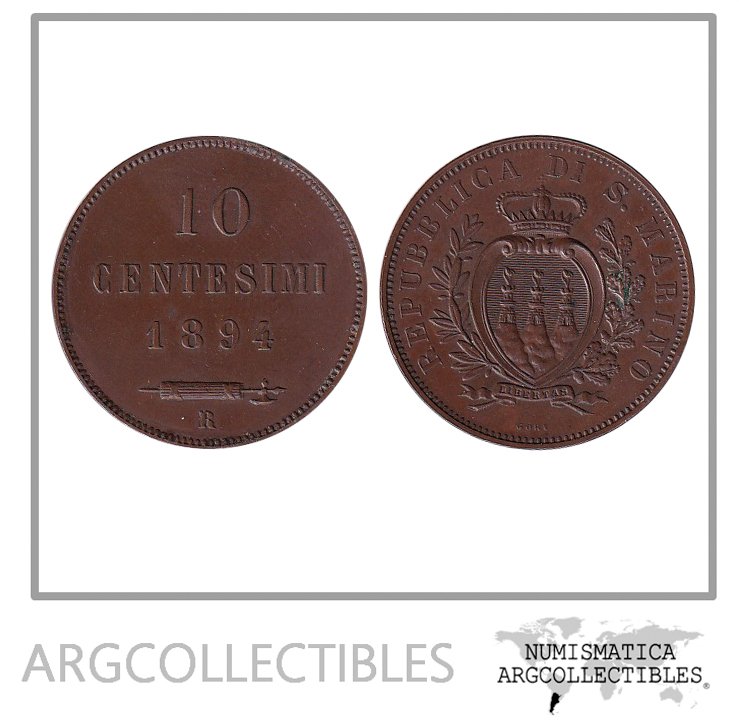 San Marino Moneda 10 Centesimos 1894 R Cobre KM-2 XF-