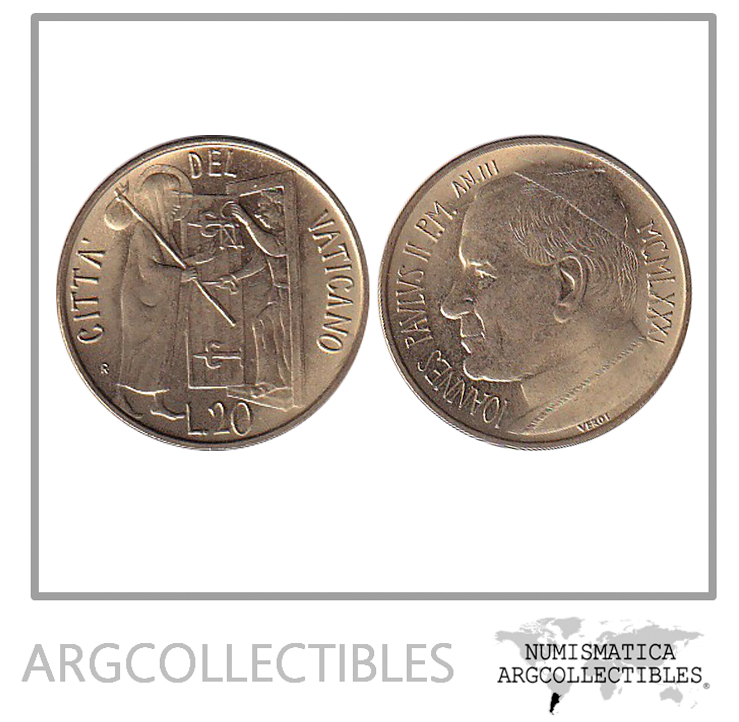 Vaticano Moneda 20 Liras 1981 Laton KM-156 UNC