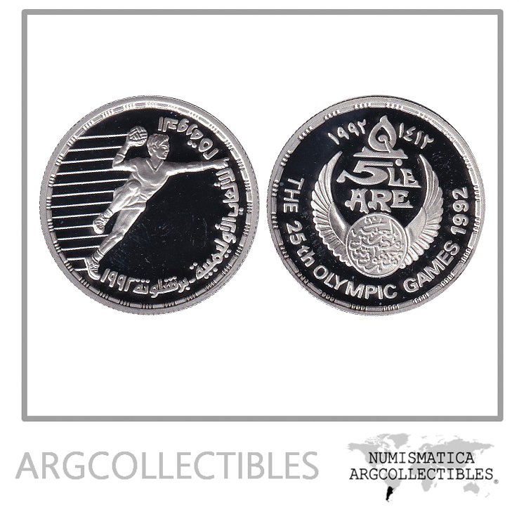 Egipto Moneda 5 Libras 1992 Plata 720 Juegos Olimpicos Balonmano KM-706 Proof