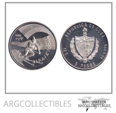 Cuba Moneda 5 Pesos 1983 Olimpiadas Invierno Sarajevo Ski Plata KM-113 Proof
