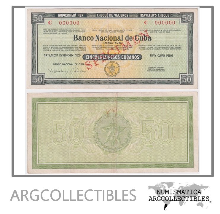 Cuba Billete 50 Pesos 1985 Travel Chek VF+ (Specimen) (C)