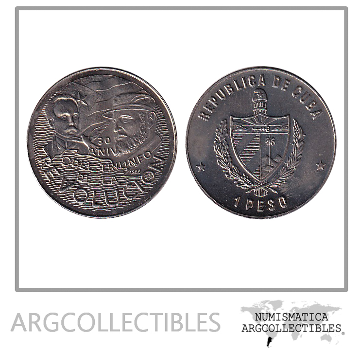Cuba Moneda 1 Peso 1989 30 Aniversario Revolucion Fidel y Marti Niquel KM-254 UNC