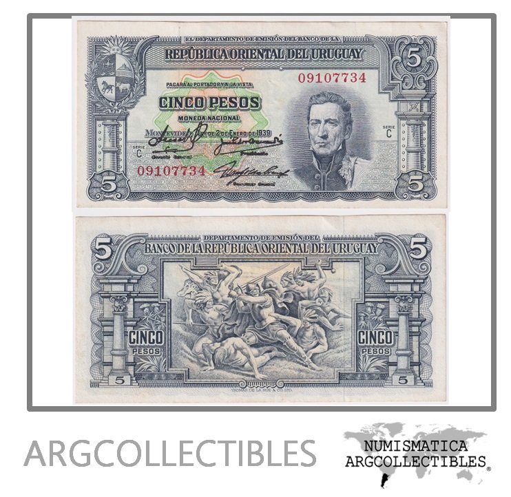 Uruguay Billete 5 Pesos 1939 P-36b/CR-10.IV.27 AU (Serie C)