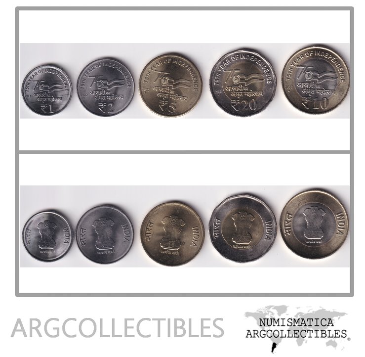 India Set x5 Moneda 2022-2023 75 Aniv Independencia UNC