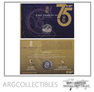 Territorios Antarticos Britanicos Blister Moneda 50 Pence 2023 Niquel 75 Años Rey Carlos III Trinity College UNC