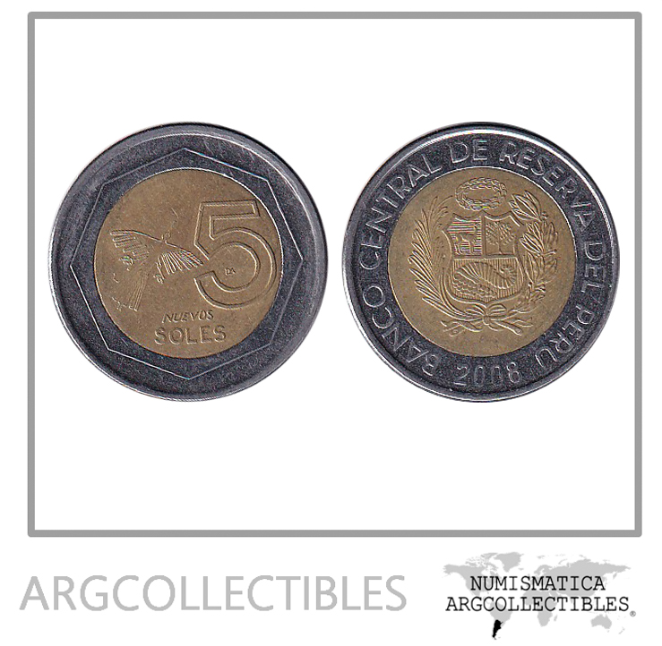 Peru Moneda 5 Nuevos Soles 2008 Bimetalica KM-316 XF