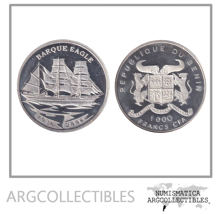Benin Moneda 1000 Francos 2008 Barque Eagle Plata 999 Proof