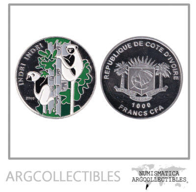 Costa de Marfil Moneda 1000 Francos 2008 Indri Indri Plata 999 Proof