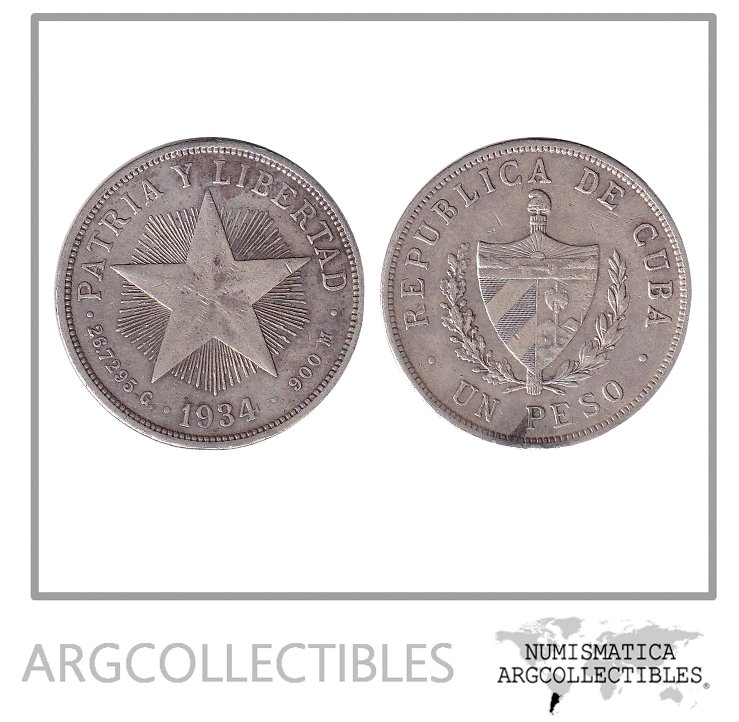 Cuba Moneda 1 Peso 1934 Estrella Radiante Plata KM-15.2 VF+