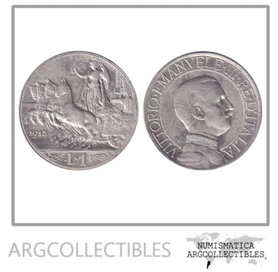 Italia Moneda 1 Lira 1913 R Plata 835 Vittorio Emanuele III KM-45 AU