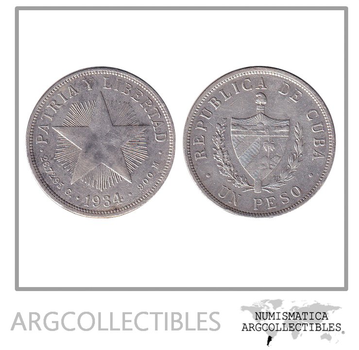 Cuba Moneda 1 Peso 1934 Estrella Radiante Plata KM-15.2 XF-