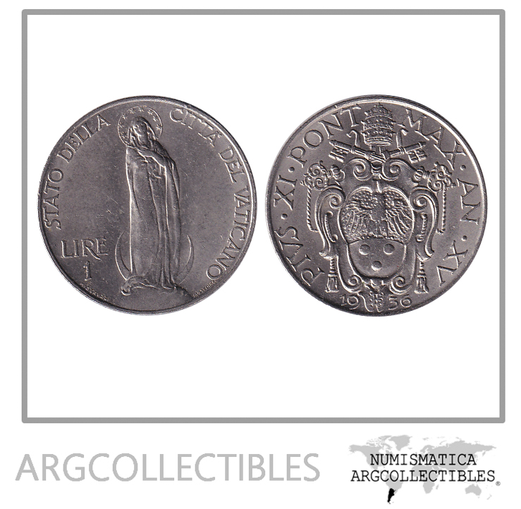 Vaticano Moneda 1 Lira 1936 Niquel Papa Pio XI KM-5 AU