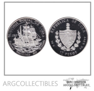 Cuba Moneda 10 Pesos 1992 Plata 999 Correo Maritimo KM-341 Proof