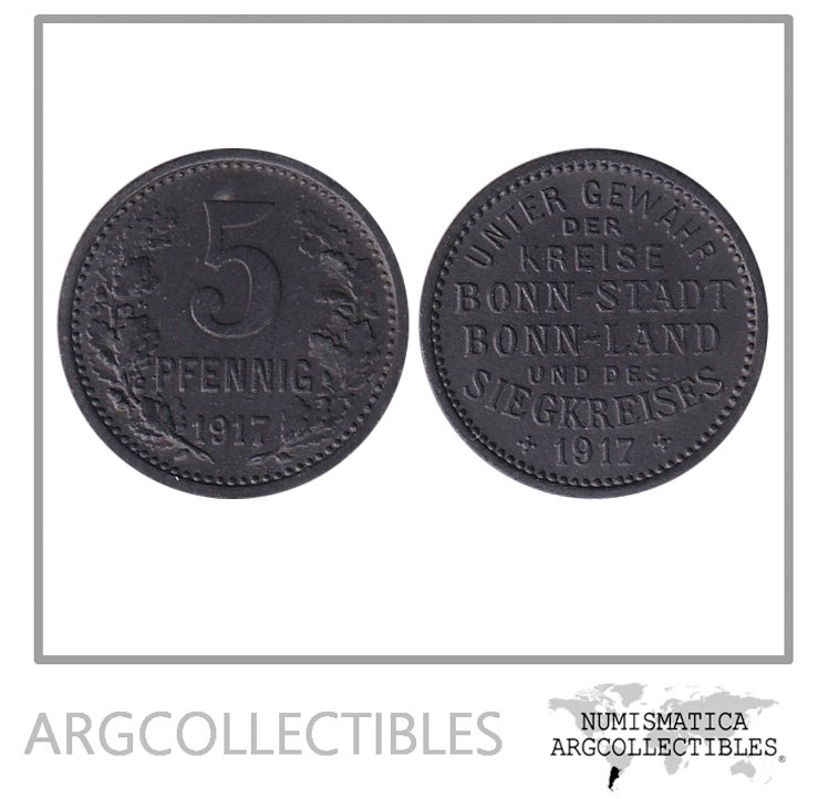 Alemania Moneda Notgeld 5 Pfennig 1917 Unter Gerwahr Bonn Stadt (31) Zinc