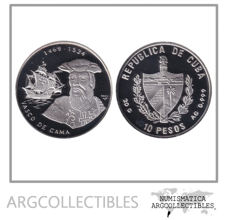 Cuba Moneda 10 Pesos 2002 Plata 999 Vasco da Gama KM-782 Proof