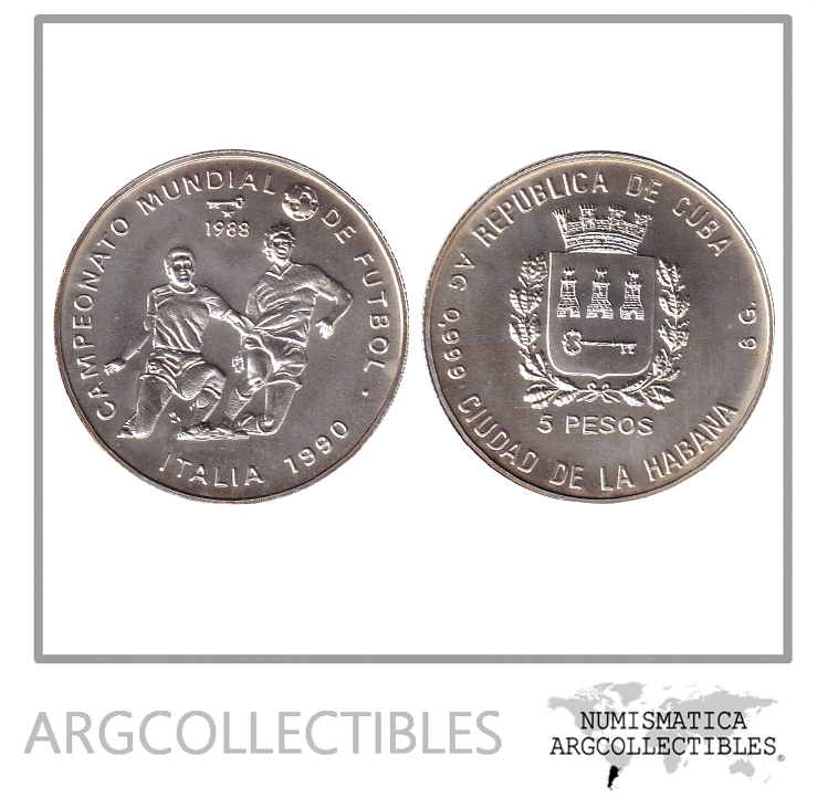 Cuba Moneda 5 Pesos 1988 Plata 999 Mundial Futbol Italiano KM-216 UNC