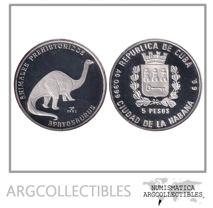Cuba Moneda 5 Pesos 1993 Plata 999 Apatosaurus KM-405 Proof