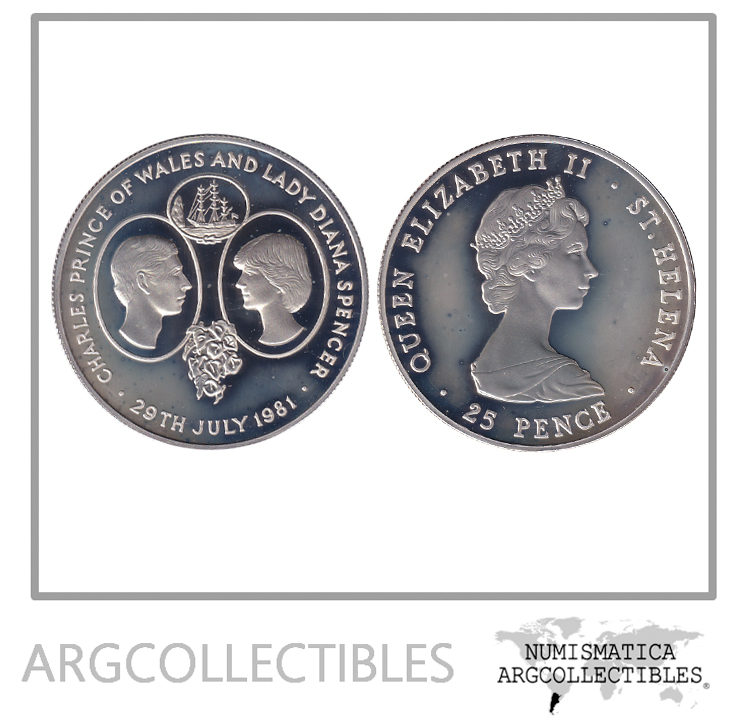 Santa Helena Moneda 25 Pence 1981 Plata 925 Boda Principe Carlos y Lady Di KM-9a Proof