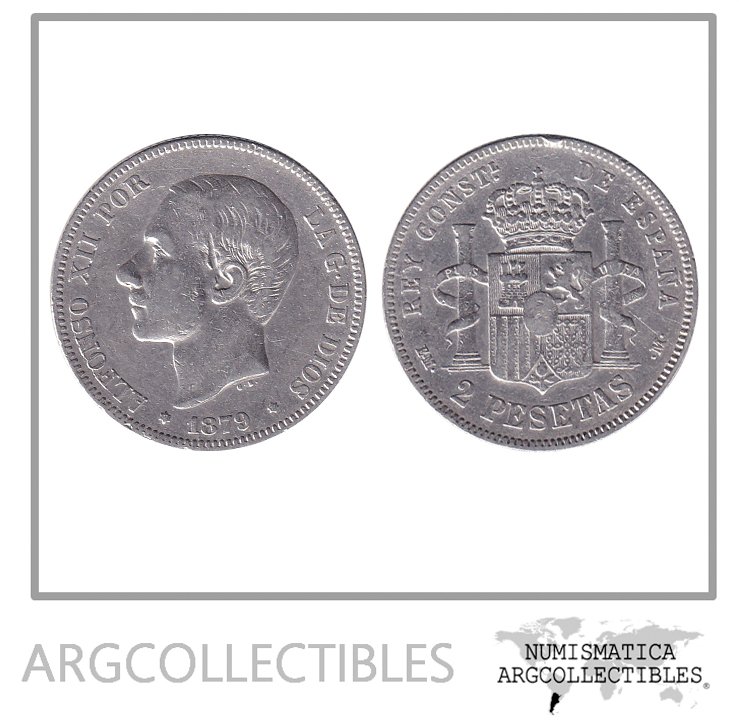 España Moneda 2 Pesetas 1879 Plata 835 Alfonso XII KM-678.1 VF+