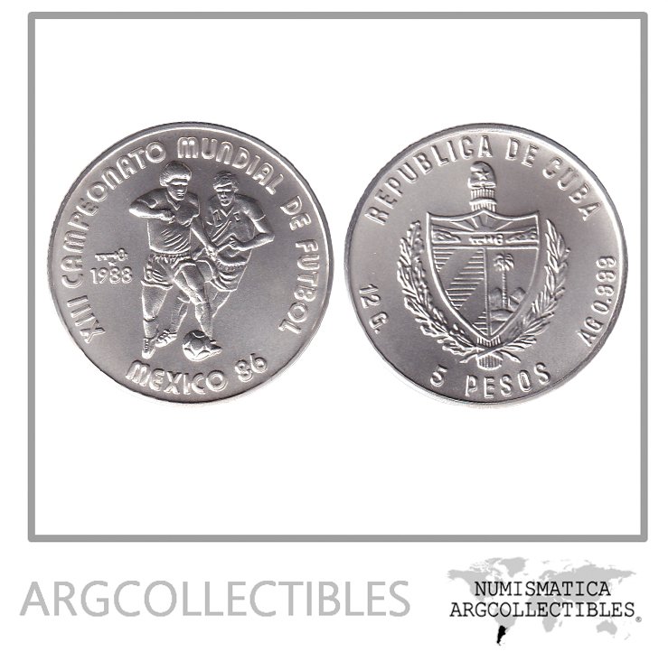 Cuba Moneda 5 Pesos 1988 Plata 999 Mundial Futbol Mexico 86 KM-185 UNC