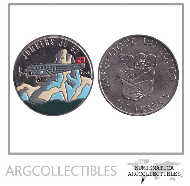 Congo Moneda 100 Francos 1995 Niquel Esmaltada Avion Junkers KM-21 UNC