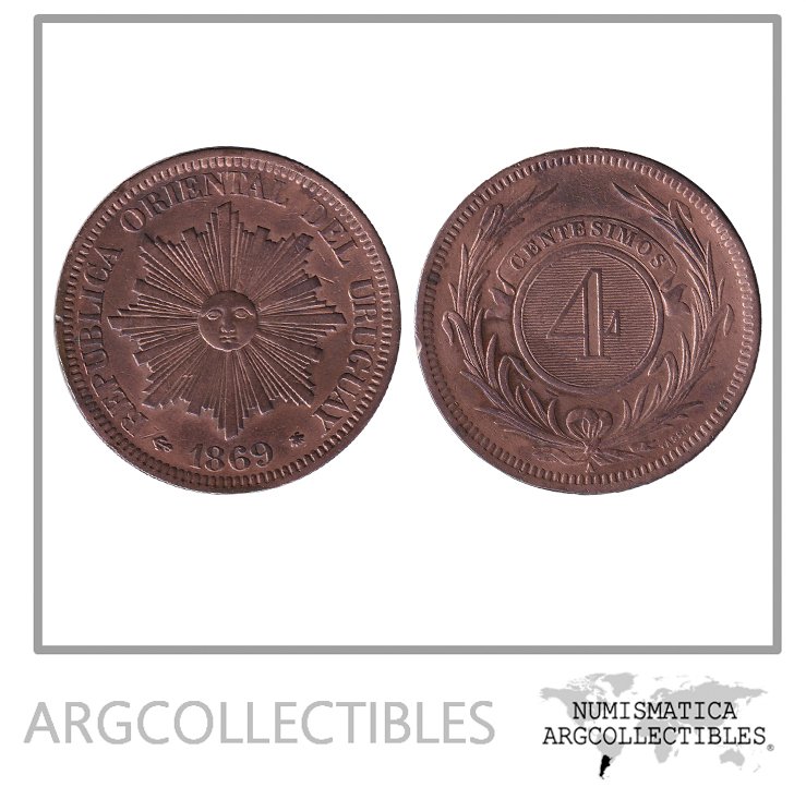Uruguay Moneda 4 Centesimos 1869 A Cobre KM-13 AU