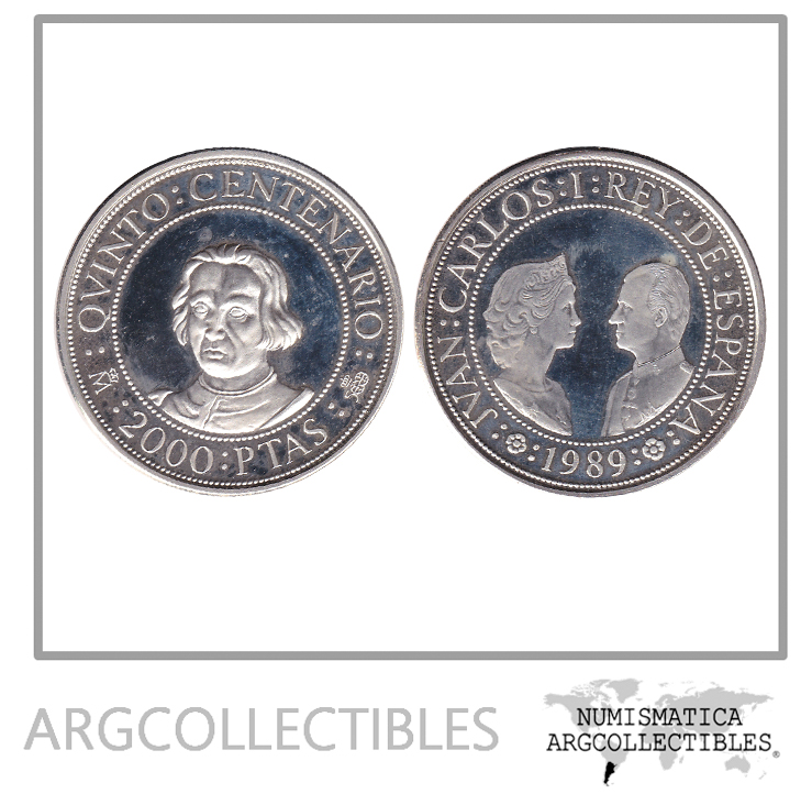 España Moneda 2000 Pesetas 1989 Plata Cristobal Colon KM-838 Proof