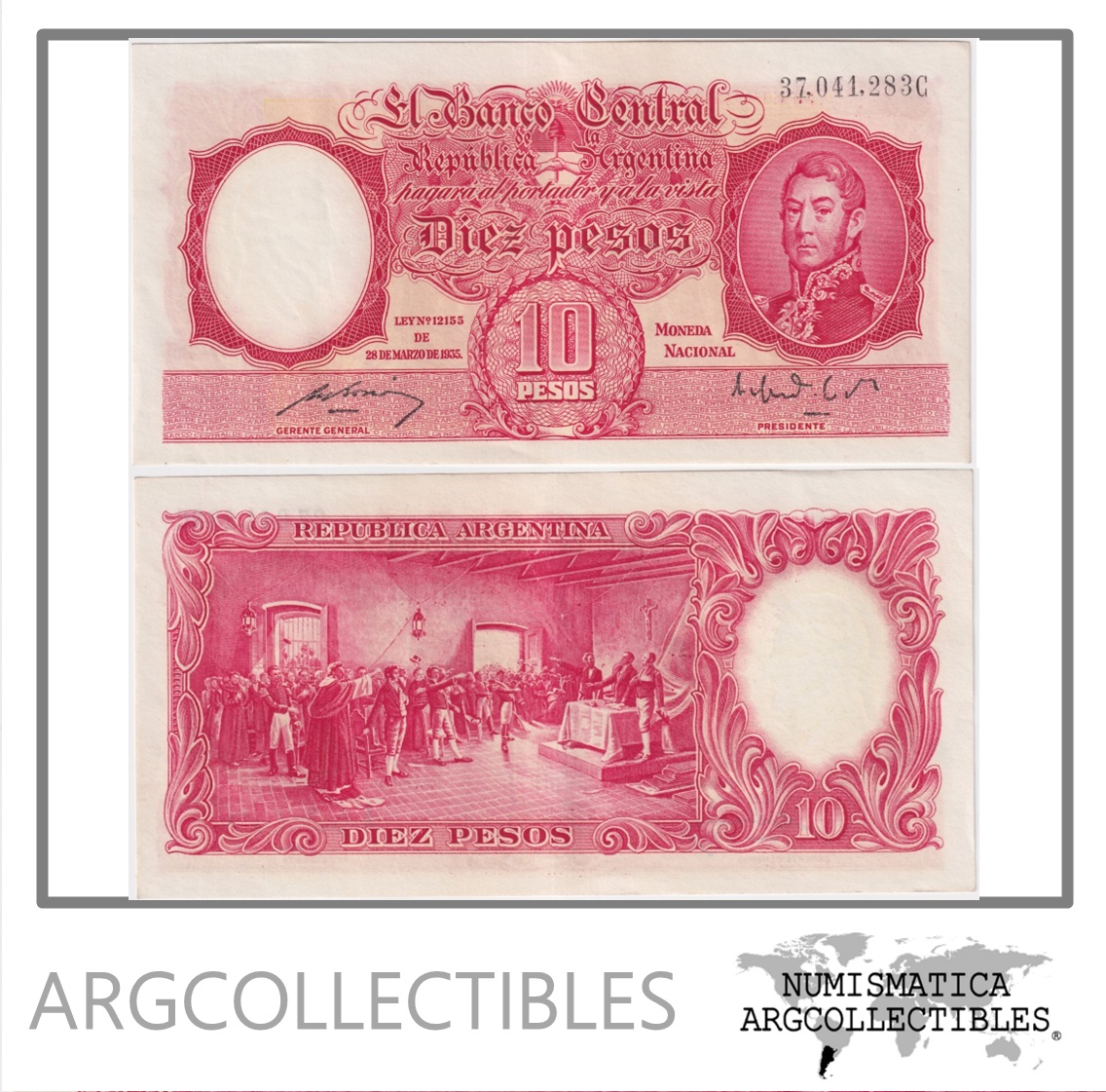 Argentina Billete 10 Pesos 1952 P-265b/BOT-1943 XF+ Serie C