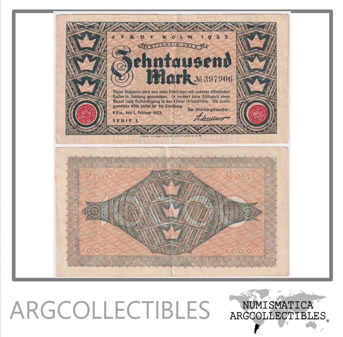 Alemania-Koln Billete 10.000 Marcos 1923 Notgeld VF