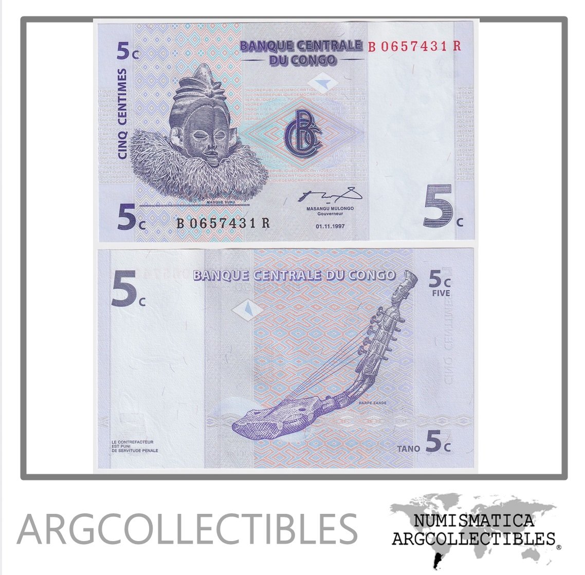 Congo Billete 5 Centavos 1997 P-81 UNC