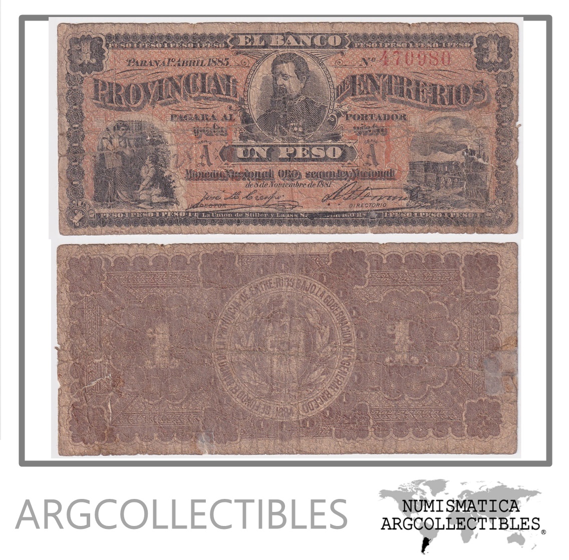 Argentina Billete 1 Peso 1885 P-S-760a/BAU-ENR-260a F- (Banco Provincial Entre Rios)