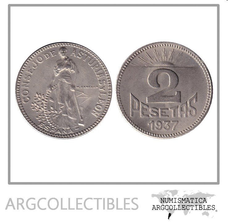 España Moneda 2 Pesetas 1937 Niquel Guerra Civil Asturias y Leon KM-3 UNC
