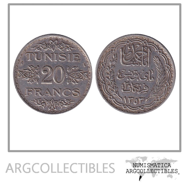 Tunes Moneda 20 Francos 1934 Plata 680 Protectorado Frances KM-263 VF+