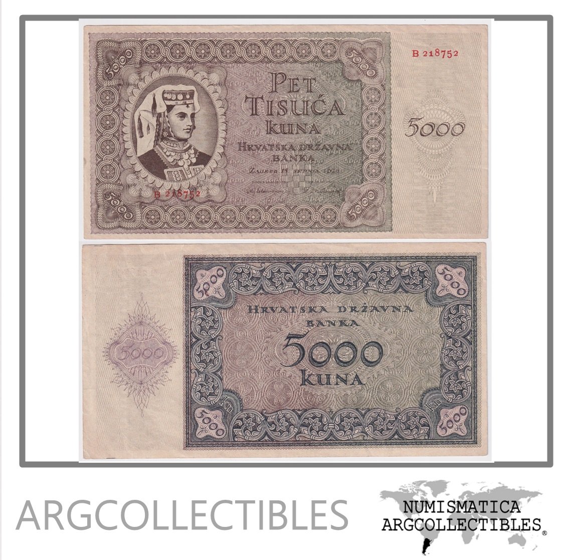 Croacia Billete 5.000 Kuna 1943 P-14a XF