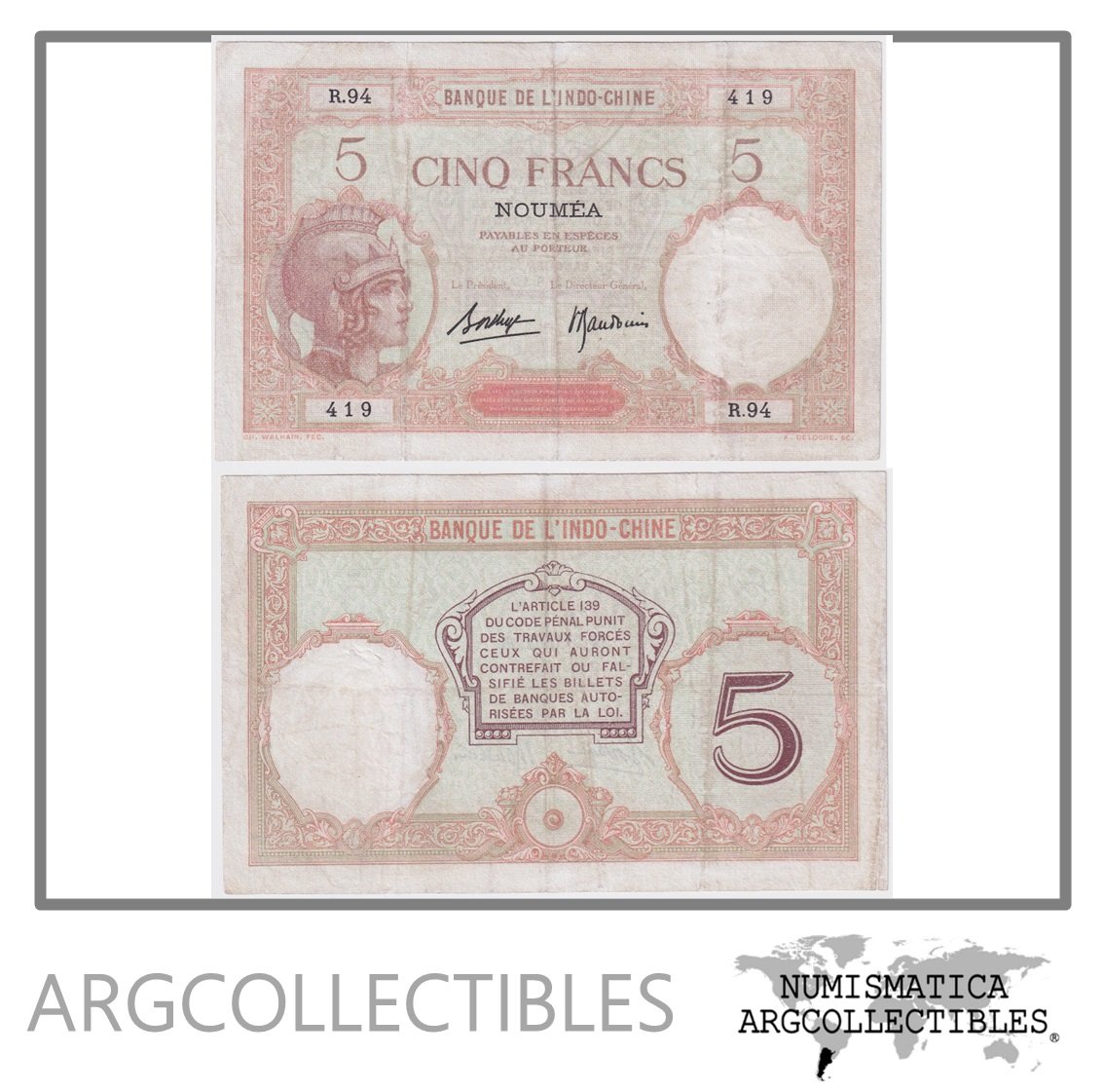 Nueva Caledonia Billete 5 Francos 1926 P-36 VF