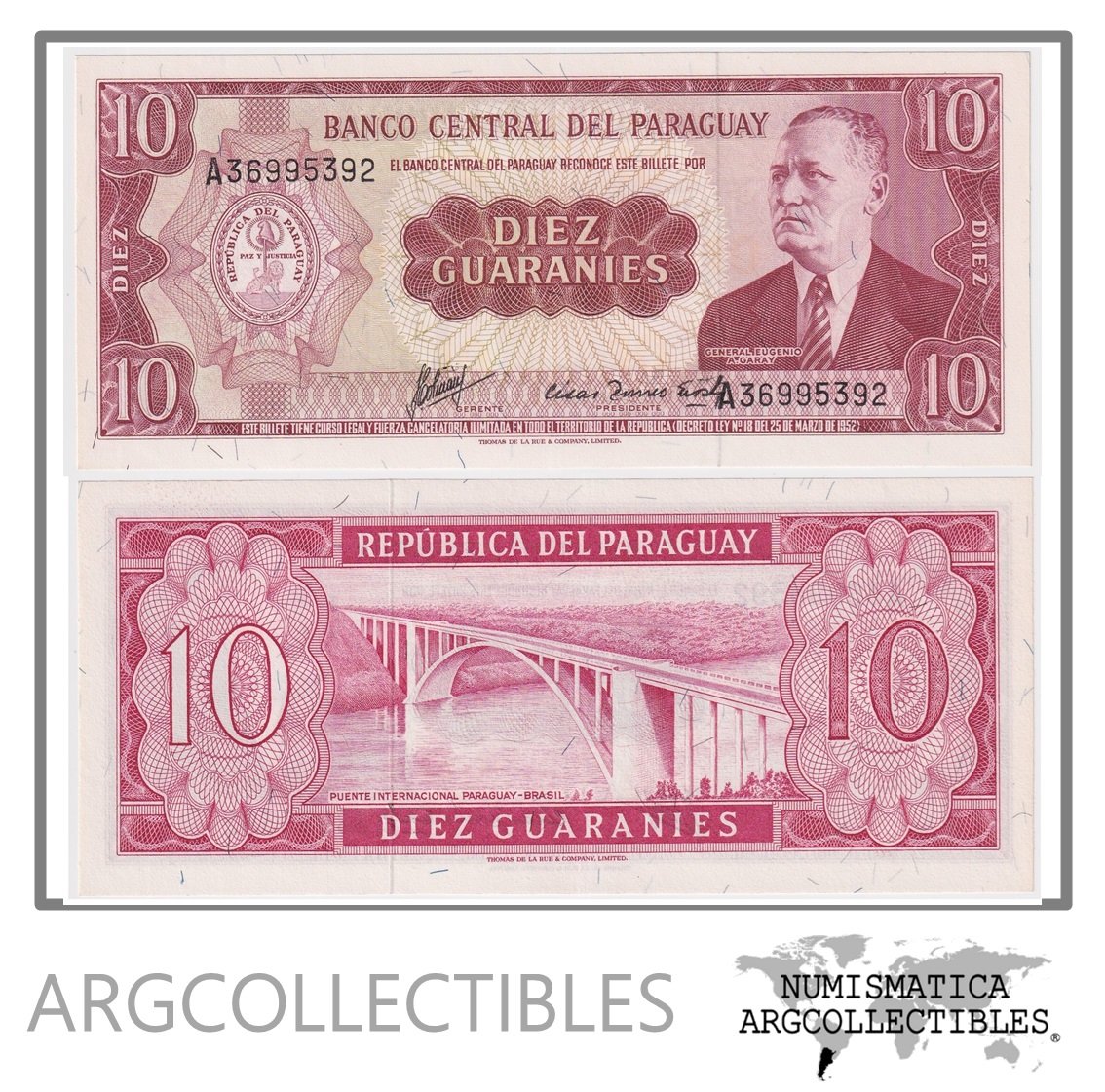 Paraguay Billete 10 Guaranies 1952(1963) P-196b UNC (Villamayor-Acosta)