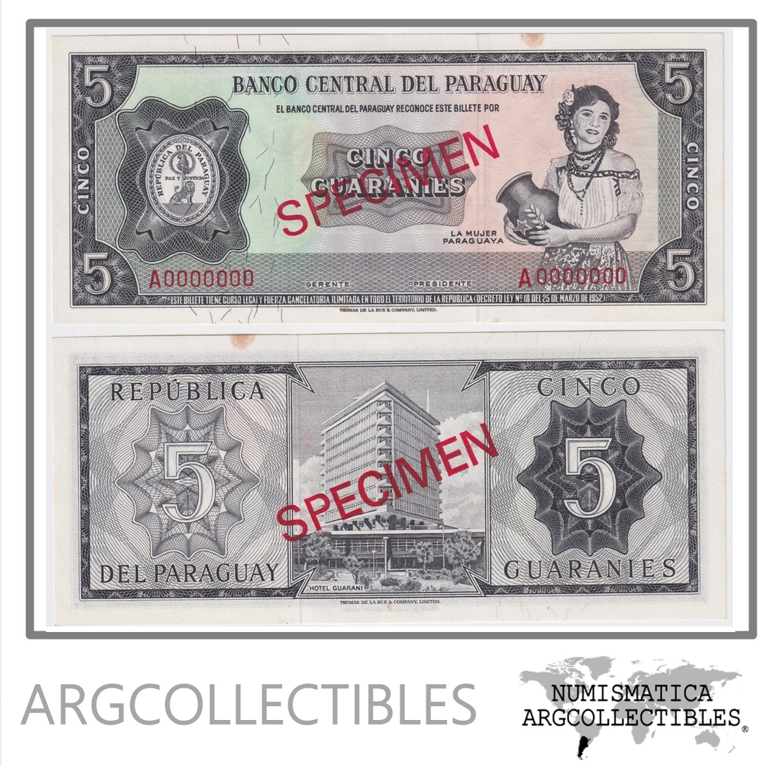 Paraguay Billete 5 Guaranies 1963 P-195s AU (Specimen)