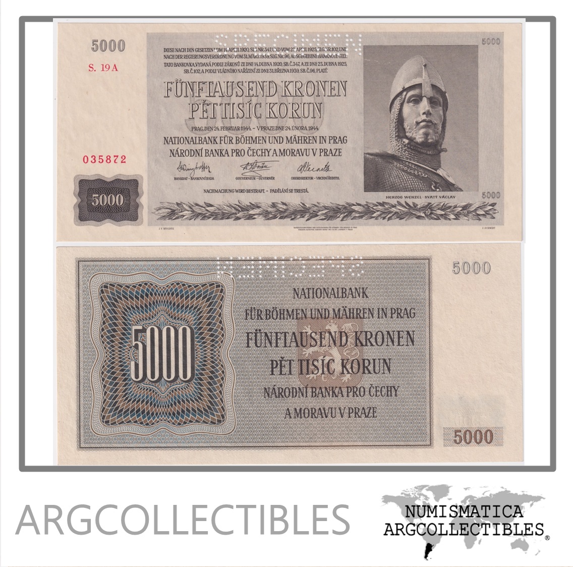 Bohemia y Moravia Billete 5.000 Kronen 1944 P-17s UNC (Specimen)