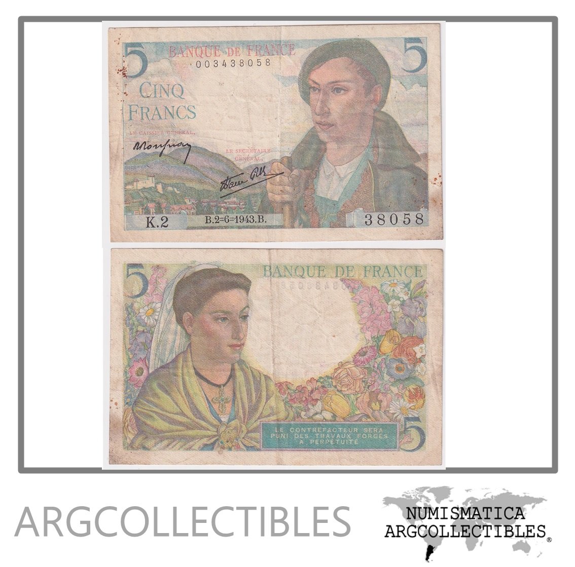 Francia Billete 5 Francos 1943 P-98a VF